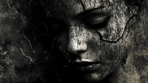 Cracked stone visage merges with dark textured void