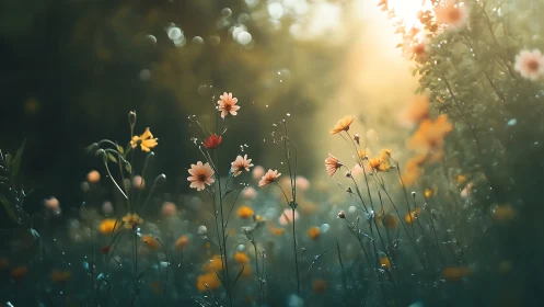 Wildflower field with daisies at dawn light.