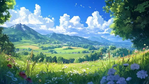 Digital landscape illustration depicts rural valley and mountains