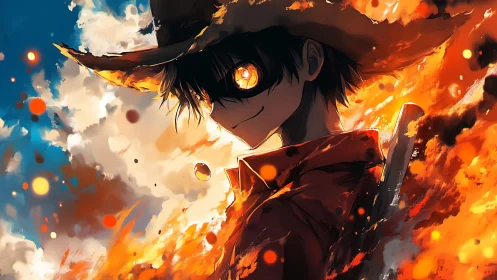 Fiery anime gunslinger with glowing eyes in burning sky.