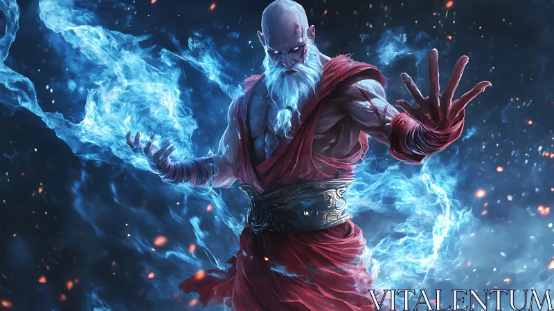 Digital painting of arcane martial sage with spectral flame aura.