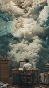 Man at desk beneath expansive cloud and ocean formation.