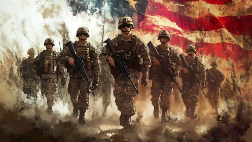 Modern infantry squad advancing before distressed US flag backdrop