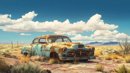 Rusty desert cruiser resting quietly under bright skies.