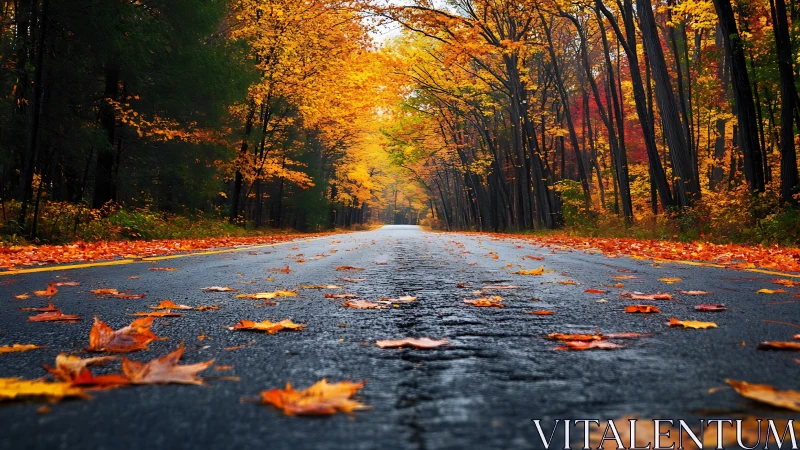Lonely forest road stretches beneath vivid autumn foliage.
