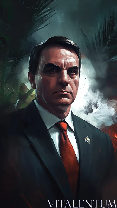 Formal suited man stands before smoky, abstract backdrop