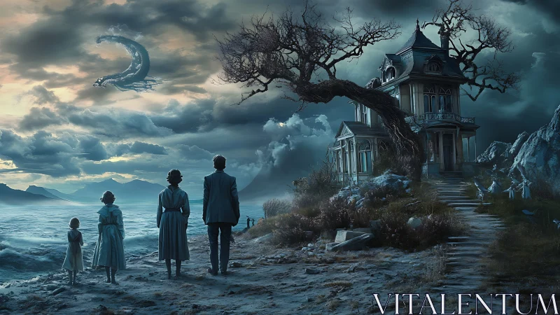 Family gazes toward a haunted shore under swirling skies.