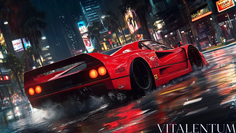Red sports car moves through wet neon city street at night