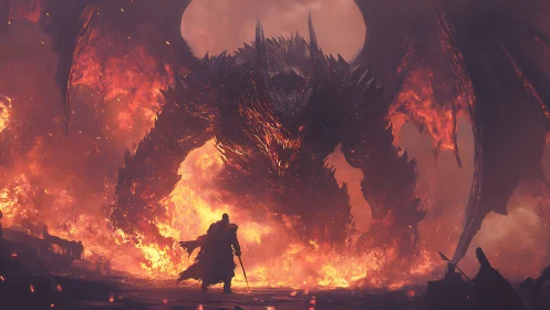 Lone warrior confronts colossal fire dragon in molten ruin