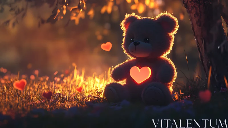 Glowing teddy bear radiates warm love in dreamy sunset grove