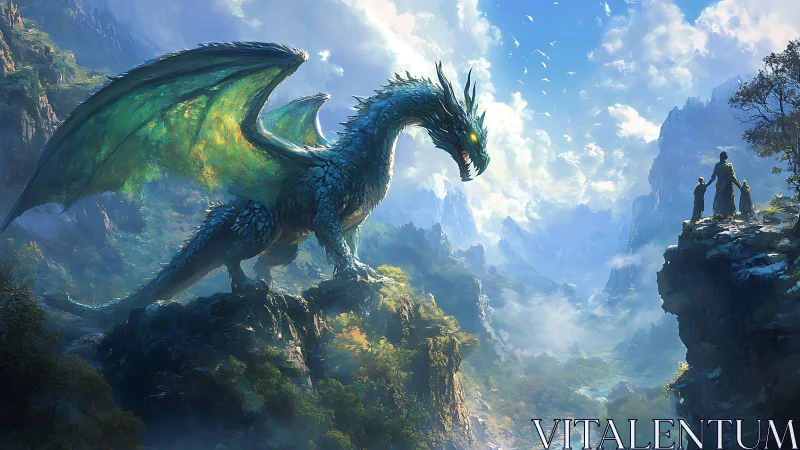 Green dragon facing three humans across mountain chasm.