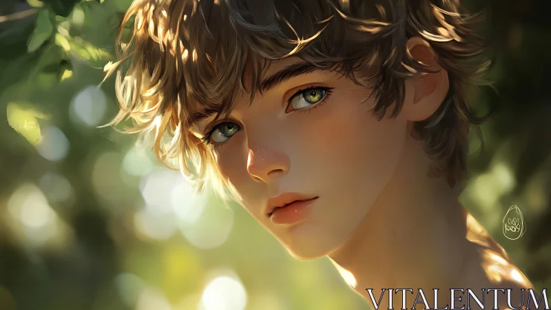 Digital portrait presents youthful figure in diffuse foliage light