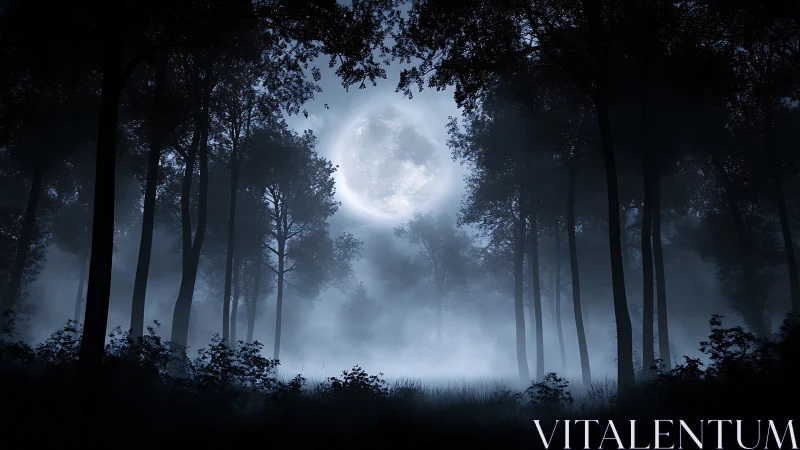 Full moon illuminates dense foggy forest at night