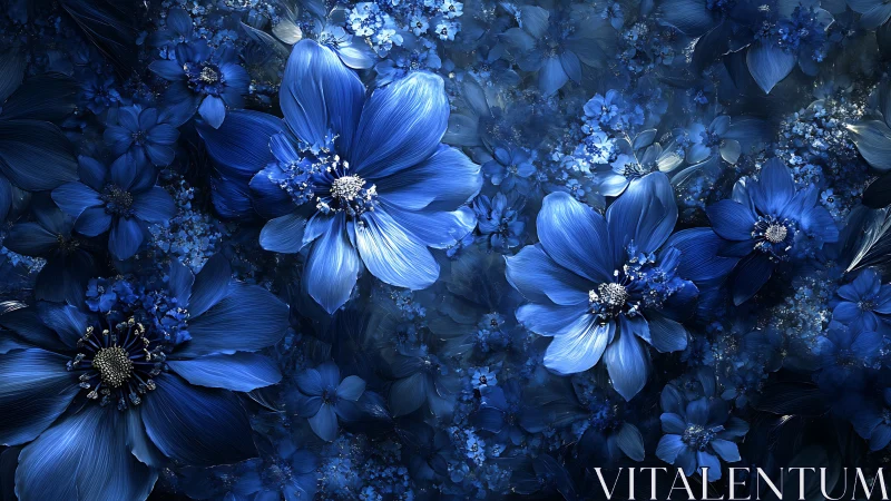 Luminous Blue Petals Cascade Through Midnight Garden.