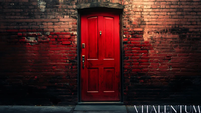 Red wooden door glows against dark weathered brick wall