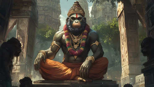 Simian deity in meditative pose anchors ornate temple courtyard