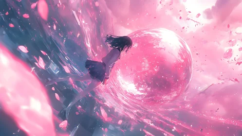 High-energy pink vortex envelops levitating schoolgirl in motion