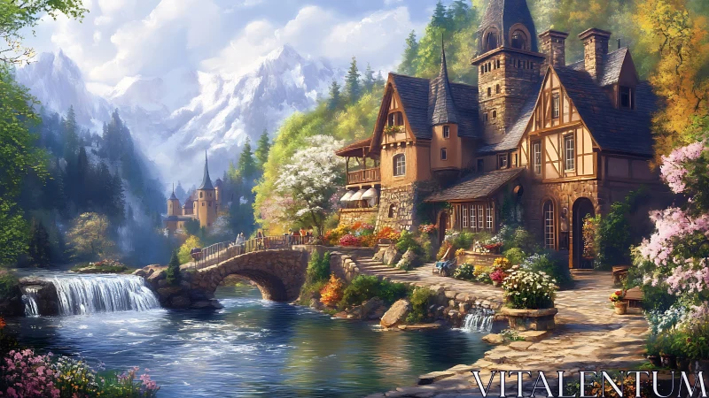 Storybook riverside village under bright mountain skies.