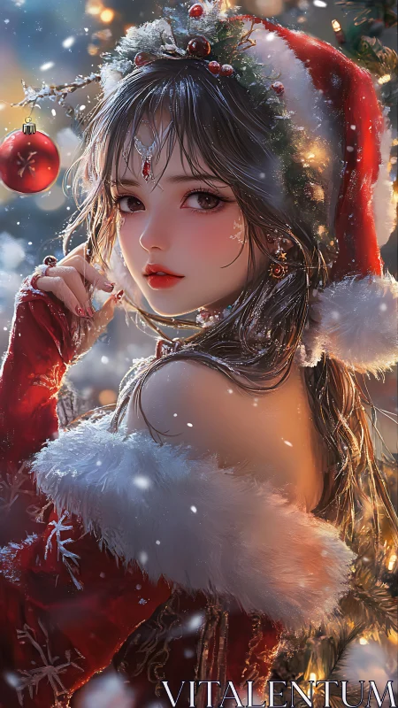 Anime holiday portrait with luminous winter bokeh accents.