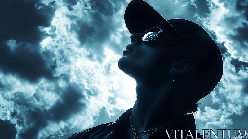 Silhouetted youth in cap studies glowing storm clouds overhead