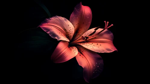Red Lily Bloom Against Dark. Stamen Detail. Luminous.