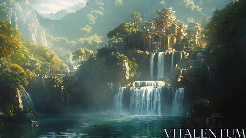 Golden cliffside temple welcomes misty waterfall morning