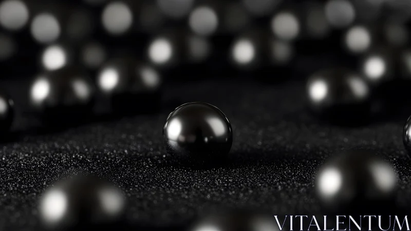 Metallic spheres rest on dark textured surface in shallow focus