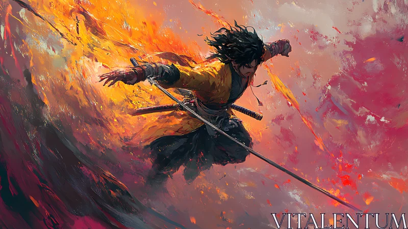 Dynamic samurai mid-air slash in blazing abstract firestorm
