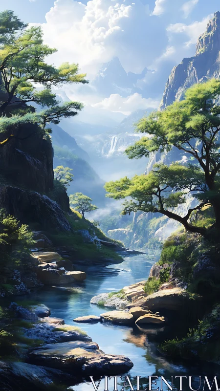 Mountain river landscape with trees, cliffs, and distant peak.