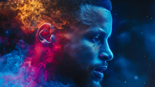 Bichromatic thermal portrait with volumetric fire and ice fields.