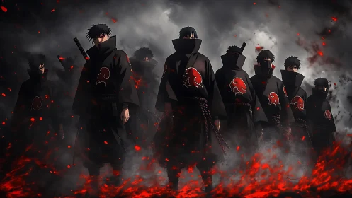 Rogue ninja squad in black cloaks amid embers and smoke
