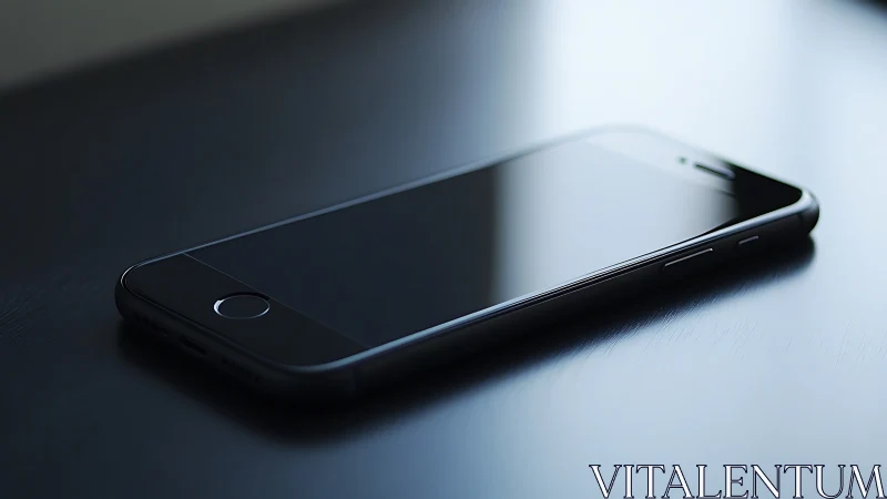 Sleek smartphone with reflective display resting on neutral surface