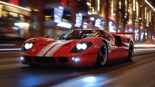 Red race car moves through illuminated urban street at night