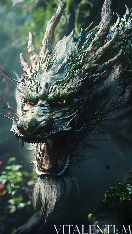 Detailed green dragon head with open mouth in forest setting.