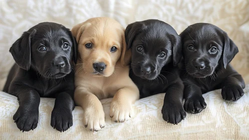 Row of four Labrador puppies on patterned fabric surface.