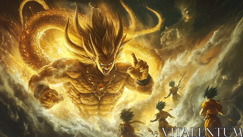 Golden energy titan confronting four smaller warriors.