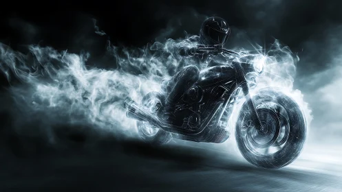 Ghostlike digital motorcycle rider accelerates through smoke