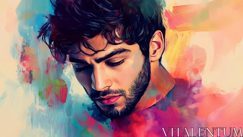 Pensive male portrait immersed in vivid abstract color field