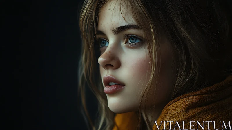 Portrait of a young woman in soft side light, close profile.