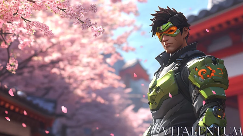 Neon samurai sentinel under drifting cherry blossoms at dusk.