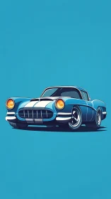 Stylized blue retro sports coupe with bold vector shading and stripes