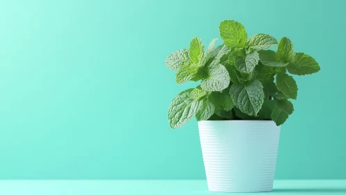 Potted mint plant is centered against uniform teal backdrop