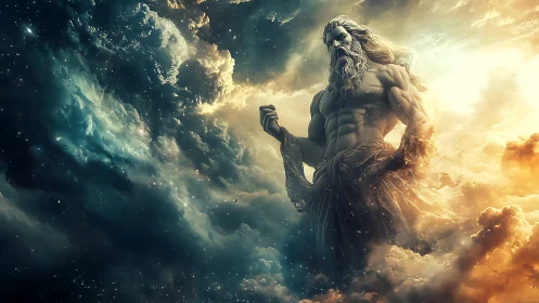 Mythic storm god rises from swirling celestial clouds.