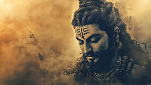 Divine male portrait in golden monochrome digital style.