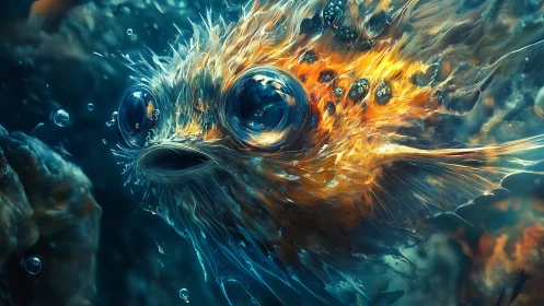 Luminous pufferfish vortex rendered in fluid dynamic brushwork.
