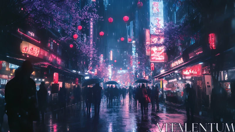 Rainy neon city street with crowds and umbrellas at night.
