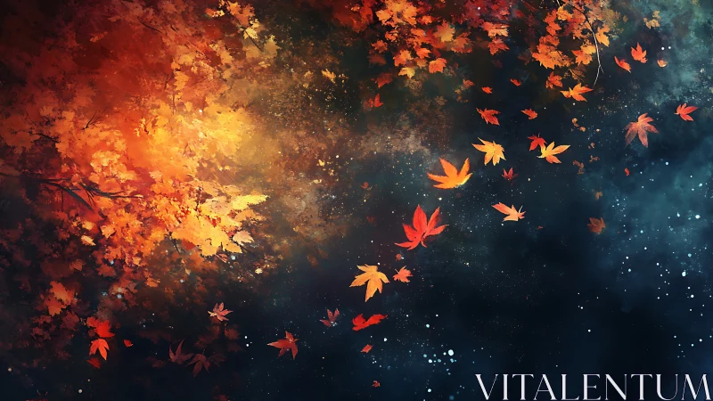 Autumn foliage and drifting leaves over dark water surface.