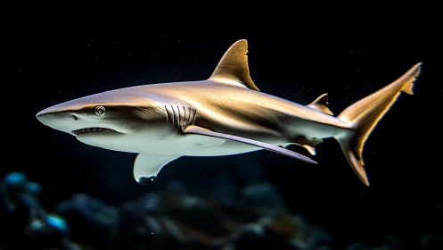 Hydrodynamic shark profile in high-contrast aquatic rendering.