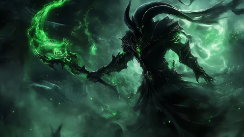 Demonic warlord wields glowing green scythe amid swirling mist
