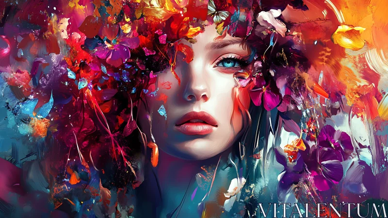 Female portrait integrated with abstract floral color field.